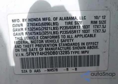 2013 Honda Pilot Lx из США, поврежденный, VIN 5FNYF4H29DB013285